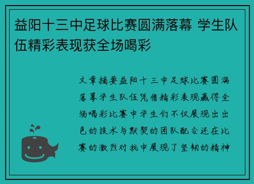 益阳十三中足球比赛圆满落幕 学生队伍精彩表现获全场喝彩