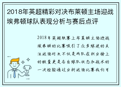 2018年英超精彩对决布莱顿主场迎战埃弗顿球队表现分析与赛后点评
