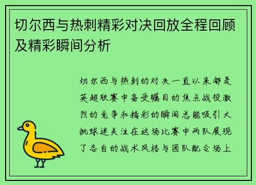 切尔西与热刺精彩对决回放全程回顾及精彩瞬间分析