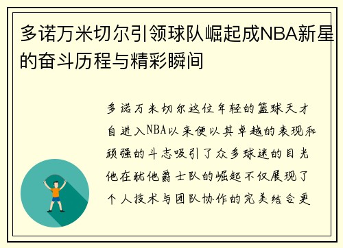 多诺万米切尔引领球队崛起成NBA新星的奋斗历程与精彩瞬间