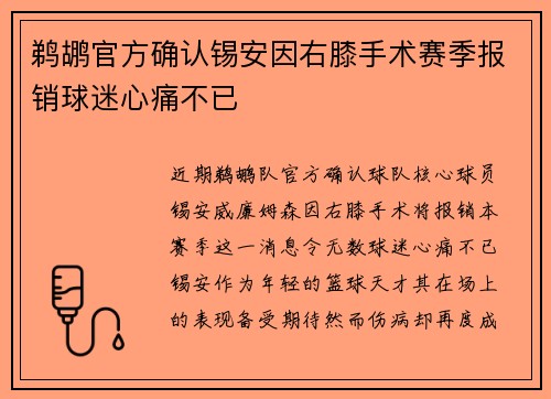 鹈鹕官方确认锡安因右膝手术赛季报销球迷心痛不已