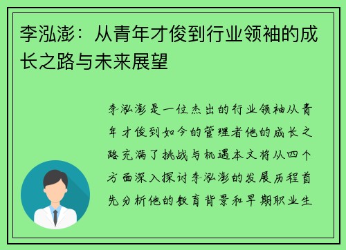 李泓澎：从青年才俊到行业领袖的成长之路与未来展望