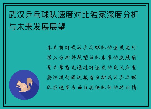 武汉乒乓球队速度对比独家深度分析与未来发展展望