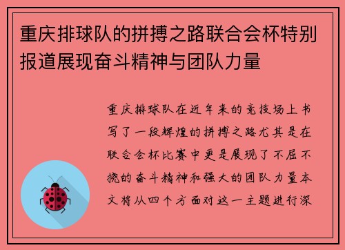 重庆排球队的拼搏之路联合会杯特别报道展现奋斗精神与团队力量